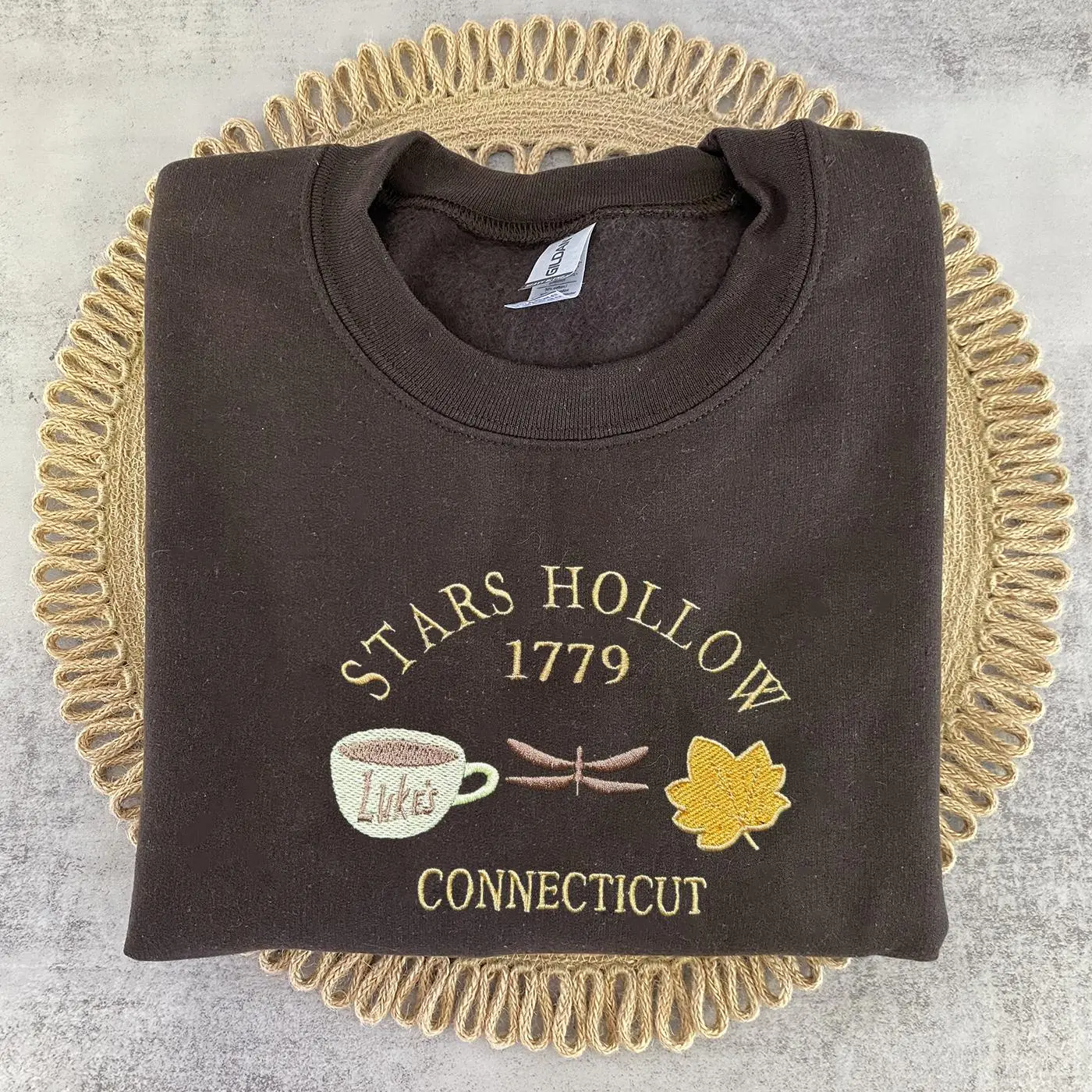 Cozy Fall Sweatshirt for Women, Embroidered Coffee Leaf Crewneck, Small Town Inspired Pullover, Autumn Aesthetic Gift for Her