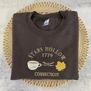 Cozy Fall Sweatshirt for Women, Embroidered Coffee Leaf Crewneck, Small Town Inspired Pullover, Autumn Aesthetic Gift for Her