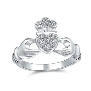 Claddagh Friendship Ring CZ Pave Heart BFF Sorority Statement .925 Sterling Silver
