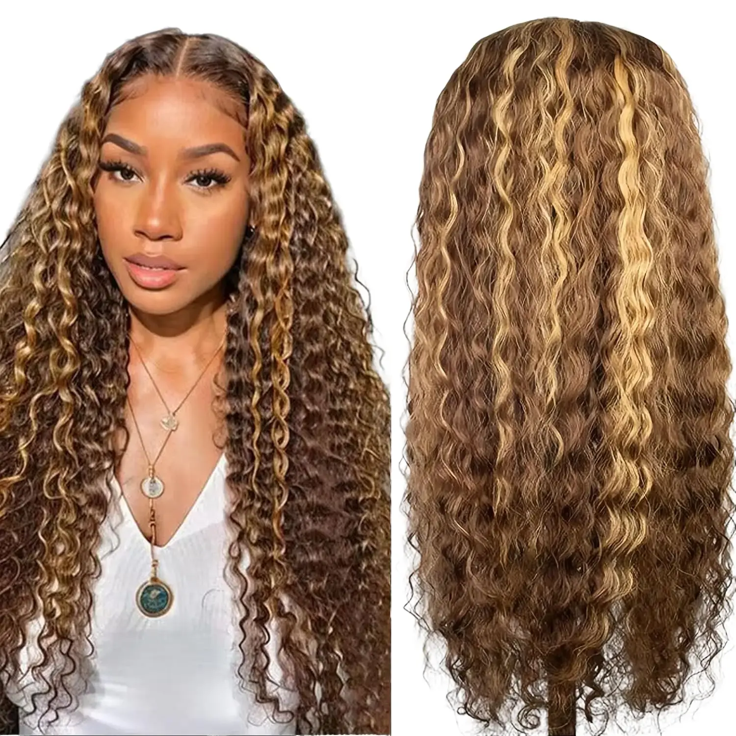 Women's 30in Human Hair 13x6 HD Transparent Lace Front Wig, 4/27 Highlights Honey Blonde Ombre Waves Wig, Heat Resistant, Natural Look, Breathable & Adjustable Headband, Deep Wave, Female