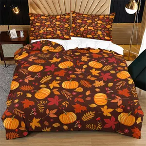 Autumn Retro Style Duvet Cover Set, Dark Brown Background Full Print of Pumpkins, Autumn Leaves and Berries Bedding Set, Includes 1/2 Pillowcases - without Core, Soft and Comfortable, Warm and Skin-Friendly, Ideal for Autumn Lovers' Bedding Decor