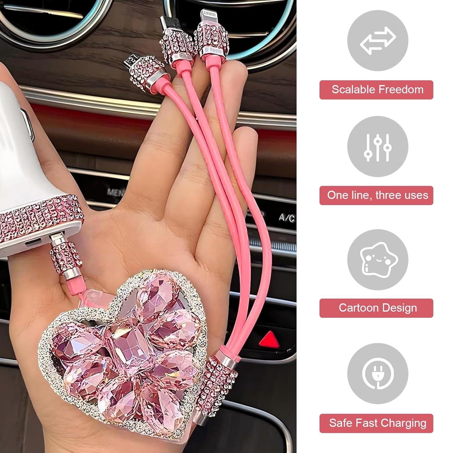 Bling Crystal Heart Charger Cable 3-in-1 USB Multi Pink Clear Girly Viral TikTok Fast Charge Phone Accessory Cute Gift for Women