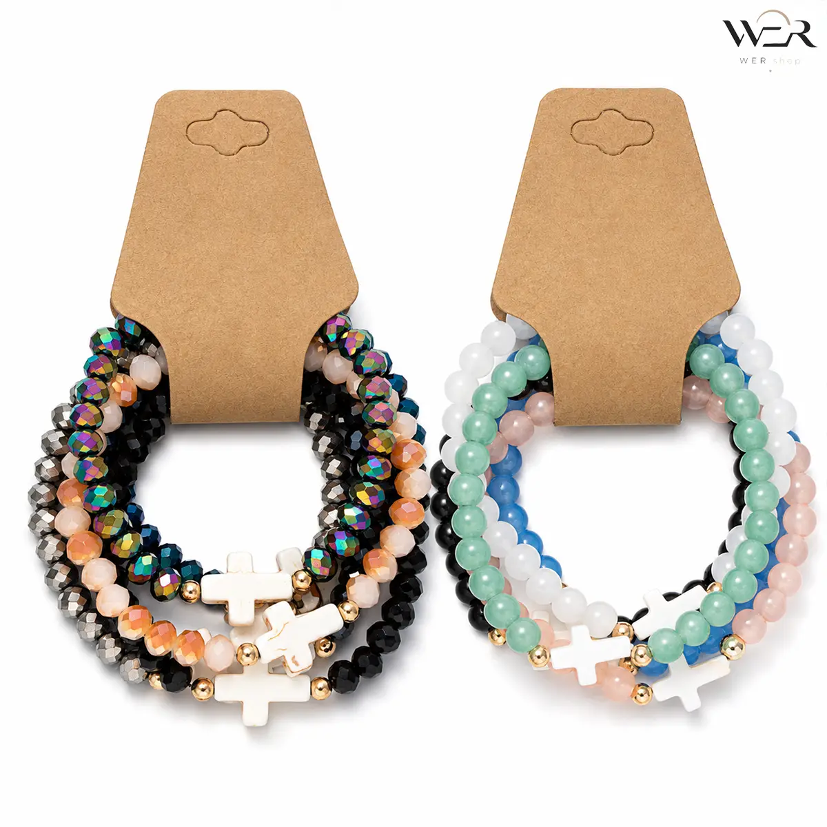Cross Charm Beaded Bracelet Set Iridescent Pastel Color Faith Jewelry for Women Girls Daily Layering Wear Gift