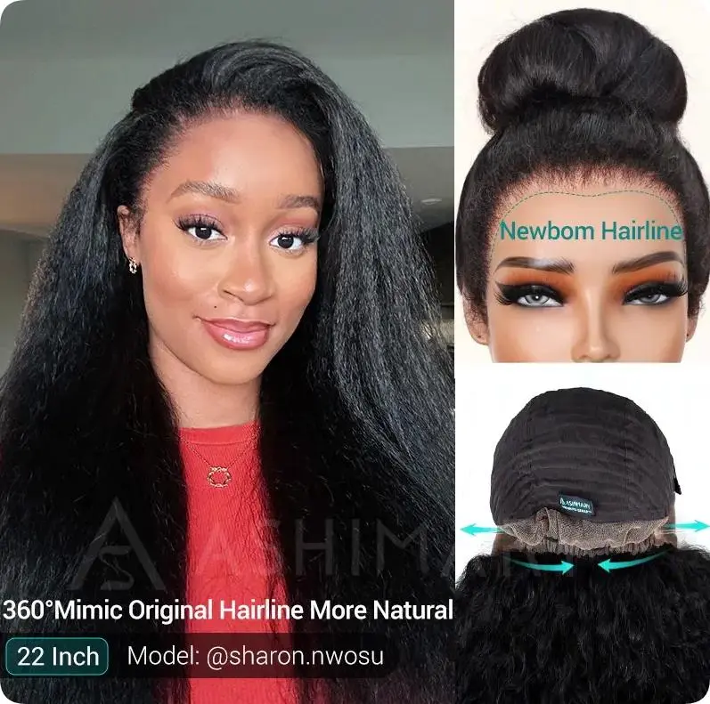 Ashimary Human Hair 360-Degree Lace Frontal Wig, Glueless Easy-Remove Invisi-Strap Kinky Straight Pre-Everything Newborn Hairline Natural Look Wig for Summer Wins, Wigs, Human Hair Wig