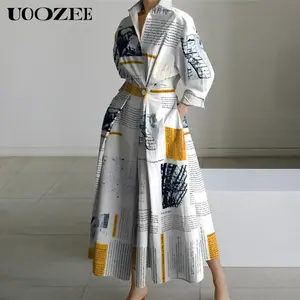 Long Sleeves Loose Newspaper Print Pleated Tied Waist Lapel Midi Dresses Shirt Dress-With Random Reverse Print Not Positioning Printing Summer Casual Womenswear Traditional