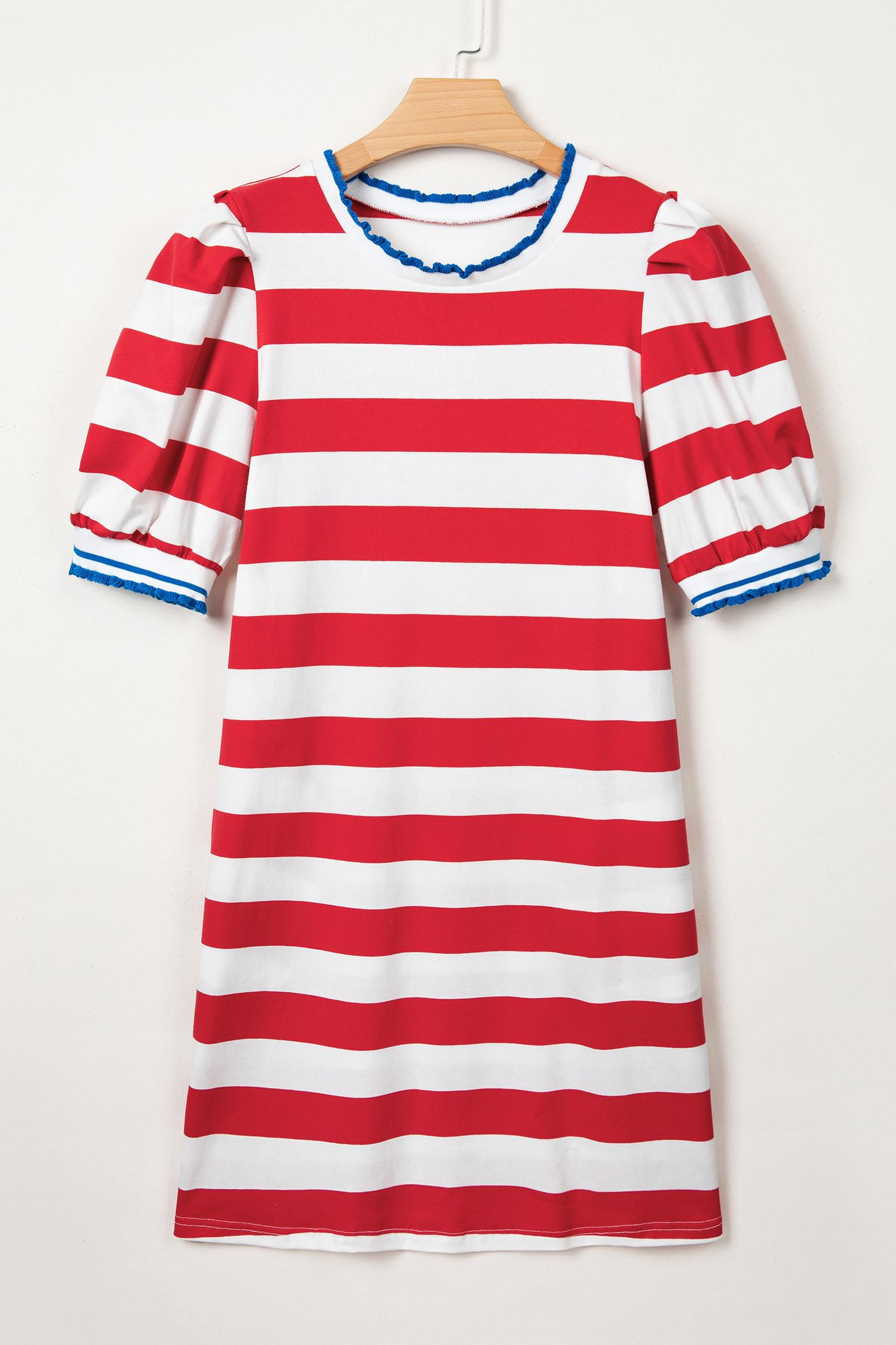 Mntaor Women's Summer Striped Shift Mini Dress - Contrast Trim, Round Neck, Puff Sleeves - Flowy, Comfortable, Y2K Aesthetic - Ideal for Office Casual, Weekend Outings - Pair with Wedges or Boots