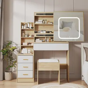 【Christmas Deal】GARVEE Dresser Set with 4 Drawer Storage Cabinet, Sliding Mirror, Electrical Outlet, and Stool. Features Open Shelf and 3 Color Lighting Pattern. Available in Original Wooden and Marble White Finish for Bedroom Use.
