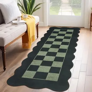 Garvee Washable Checkered Hallway Runner Rug 2x6 with Non-Slip Backing, Scalloped Edges, Modern Plaid Design, Low Pile, Foldable Thin Indoor Carpet for Kitchen, Bedroom, Entryway, Laundry, Bathroom in Green