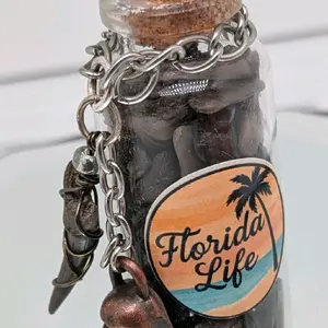 Handcrafted Florida Before Us genuine authentic one of a kind shark tooth filled trinket bottle ornament featuring a wire wrapped shark tooth by ToothRaiders