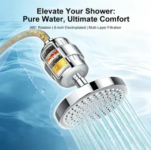 Filtered Shower Head Set 20 Stage Shower Filter - Reduces Chlorine And Heavy MetalsHigh Pressure Showerhead Filter With 6" Round, Luxury Polished Chrome