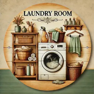 Vintage Laundry Room Metal Wall Art 7.8x7.8 Inch Round 2D Flat Print Durable Iron Alloy Sign Waterproof Heat Resistant Home Office Cafe Decor Artistic Hanging Multicolor Ornaments Decoration