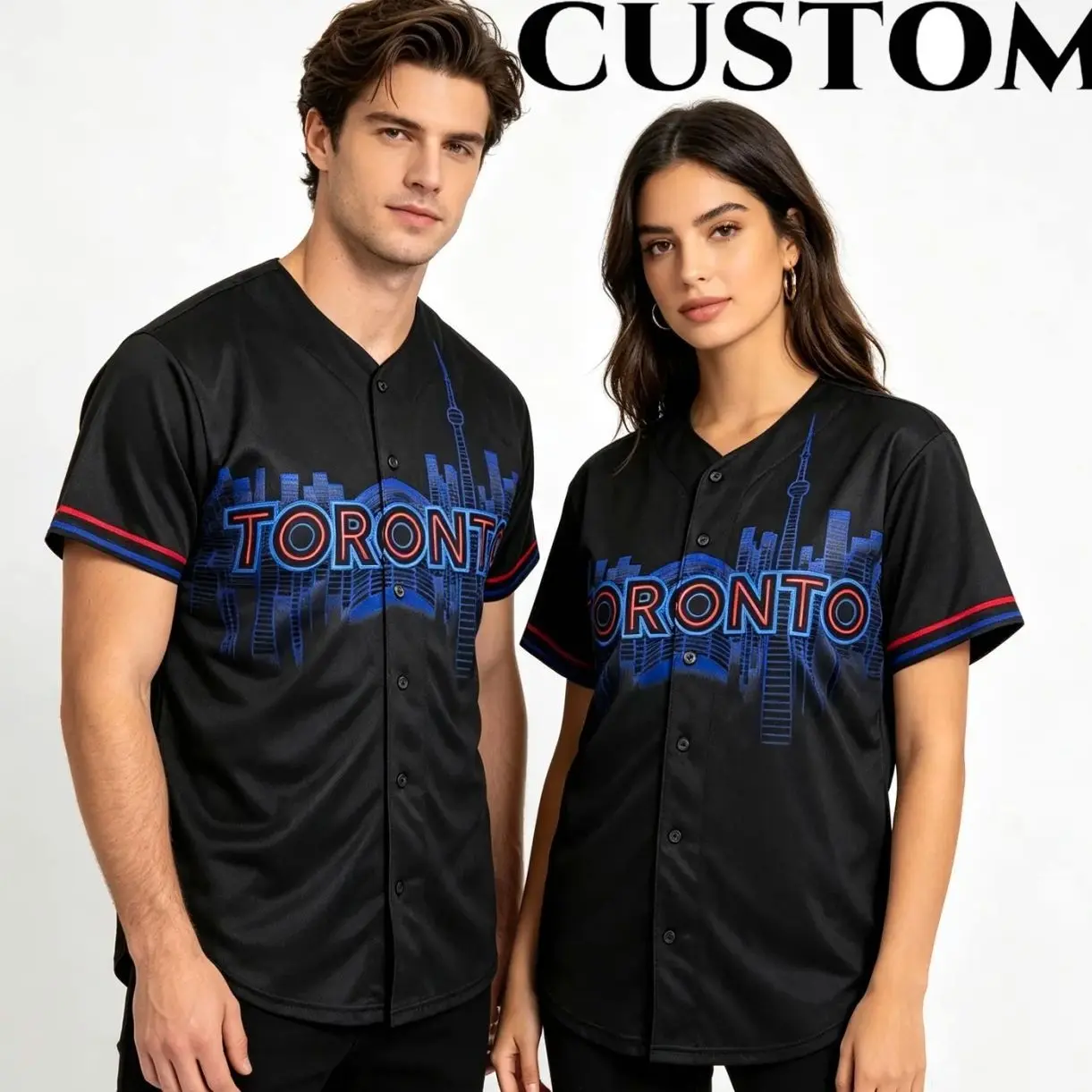 Custom Toronto City Style Baseball Jersey, Personalized Name & Number, Red Blue Trim Cityscape Print Fan Sports Shirt SEF