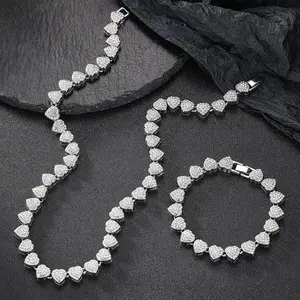 Heart Crystal Cuban Chain Jewelry Set for Women/Teens, 2pcs Necklace & Bracelet, Hip Hop Style Luxurious Jewelry for Party & Daily Wear