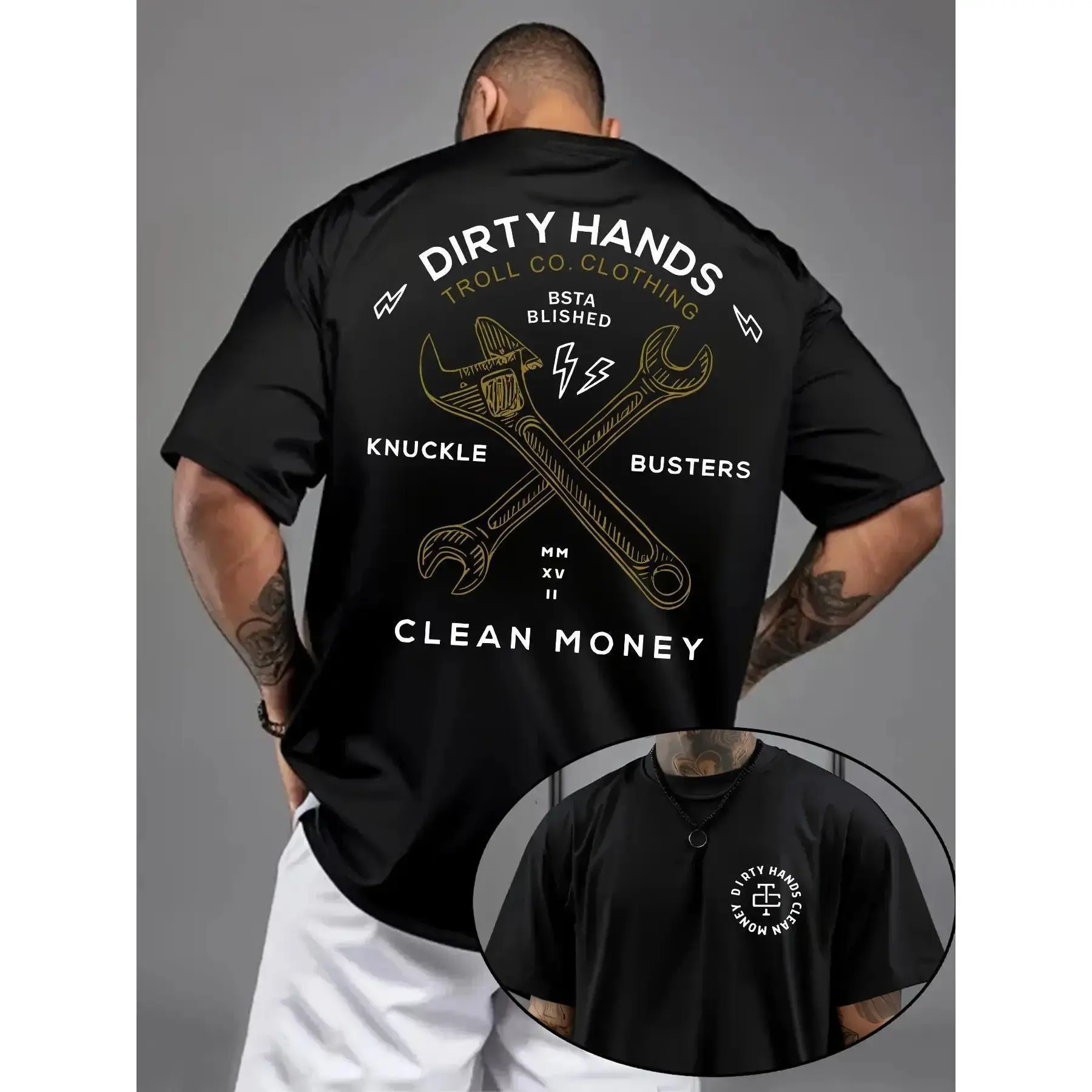 Dual Sided Dirty Hands Clean Money Cross Wrench Mechanic Graphic Tee,Late Summer Workwear Vacation Tradesman Gift Soft Knit Cotton Oversized Unisex Crew Neck Short Sleeve T-Shirt
