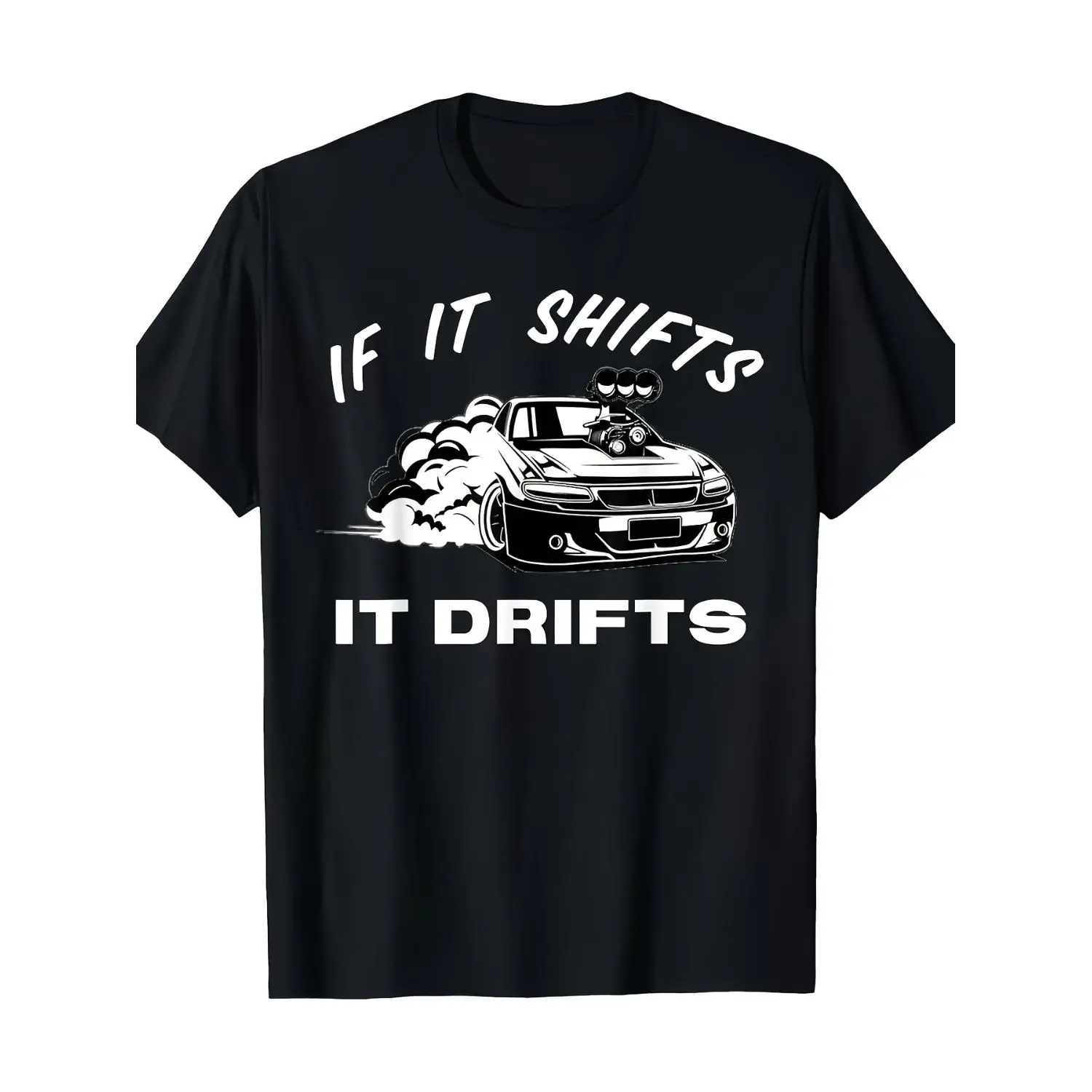 Women's Short-Sleeve Graphic T-Shirt, Cotton Streetwear Top with Drift Racing Pattern, "If It Moves It Drifts" Design, Comfortable Crew Neck, Black with White Racing Illustration for Car Enthusiasts, Shortsleeve, Tshirt