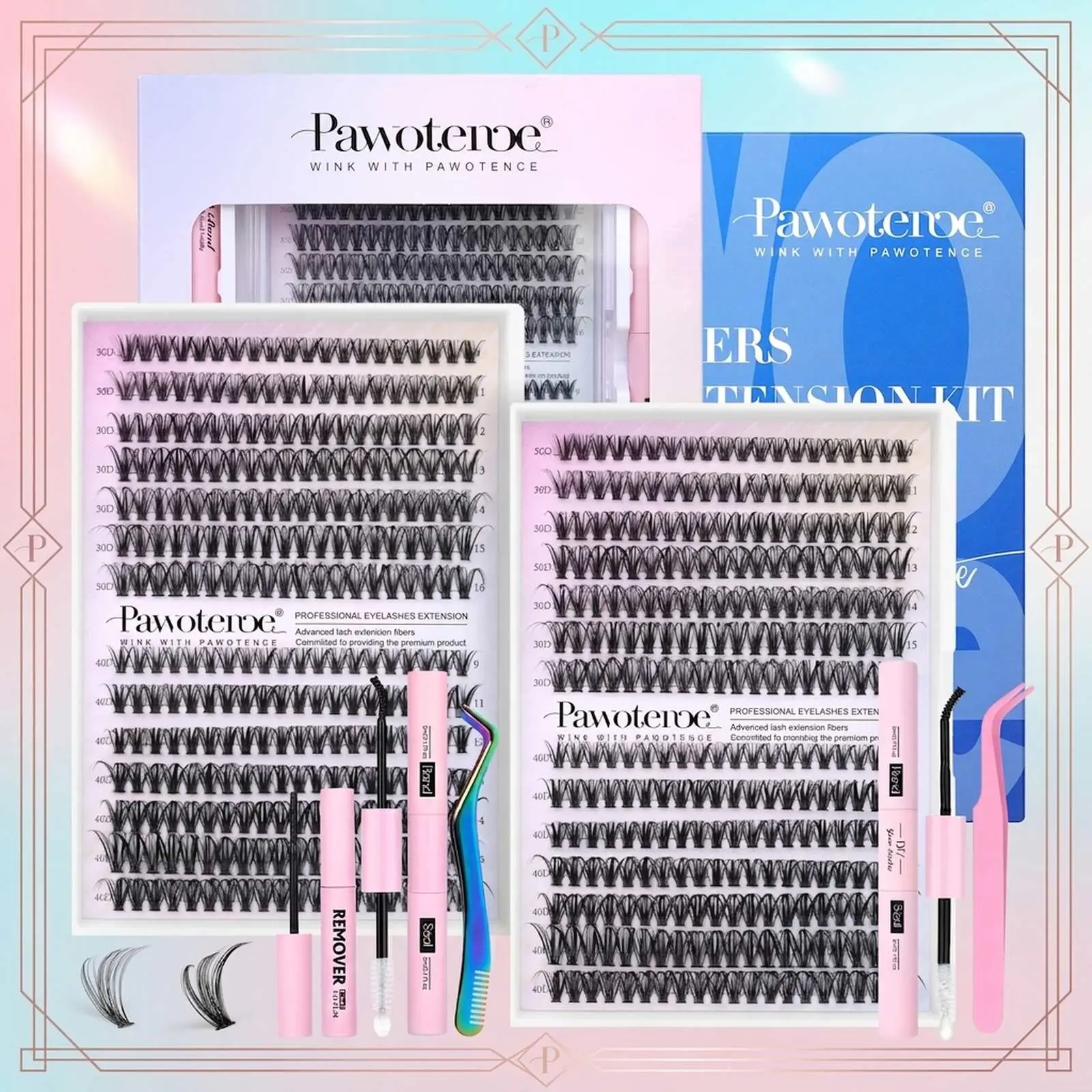 Pawotence DIY Lash Extension Kit 280pcs Individual Lash Clusters Kit 30D&40D Cluster Eyelash Extensions Kit with Lash Bond and Seal, Lash Remover, Lash Tweezers for DIY at Home