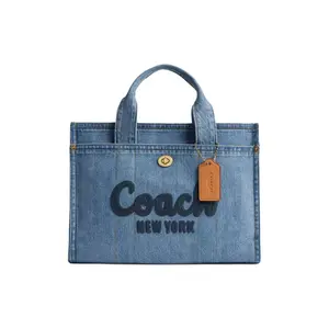 Coach Cargo Bolso 34 Logo Zipper Tote Bag in Denim and Leather for Women