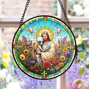 [Made in US] Jesus Hugging Alien Stained Glass Suncatcher, Funny Christian Decor, Religious Sci-Fi Art, Unique Window Hanging, Gift for Believers