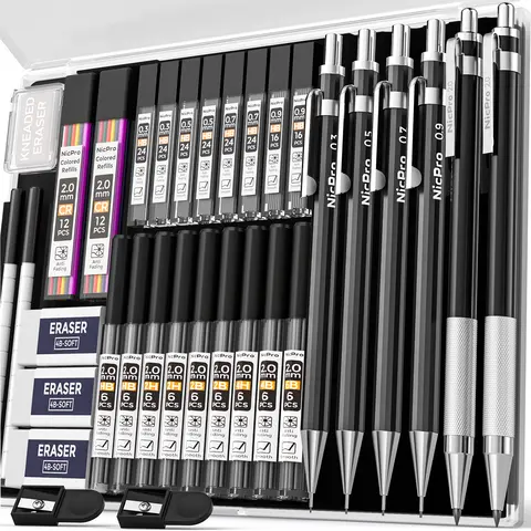 Nicpro Metallic Full-Metal Brass Polygon Barrel Artist Pencil Set (6-Pack) - Stationery Office Supplies Art Set, 0.3/0.5/0.7/0.9mm Mechanical Pencils, 2x2mm Holders, 6B/4B/2B/HB/2H/4H Cores, 19 Lead Refills Case, Accurate Eraser for Sketching Drawing