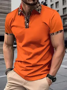 Men's Solid Orange Slim Fit, Muscle Slim Polo, Short Sleeve Polo Shirt, Retro Paisley Contrast Trim On Collar And Cuffs, Stretch Wrinkle-Free For Business Commuter Summer Outfit #summeroutfits