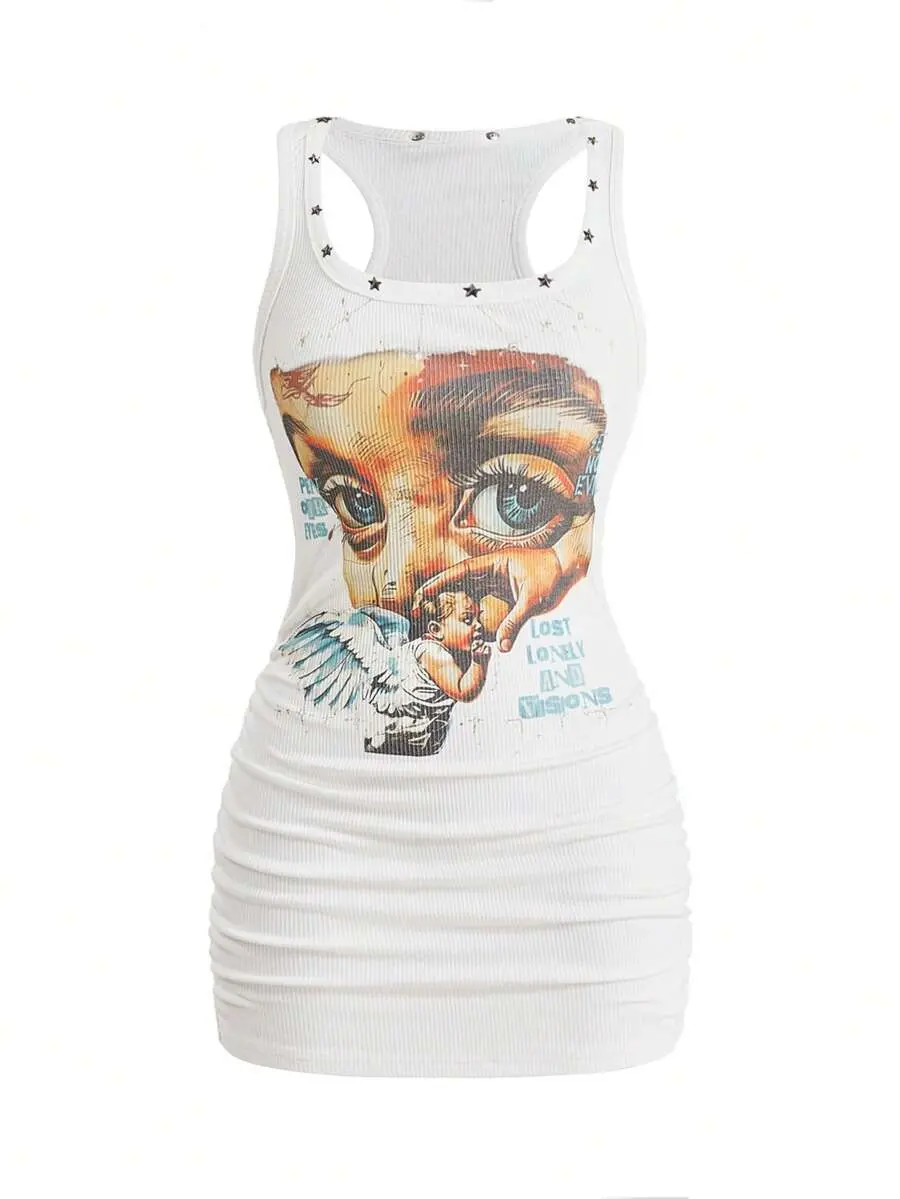PATTERSON Vintage Hot Girl Streetwear Versatile Angel Face Print Five-Pointed Star Studded Fitted Mini Dress