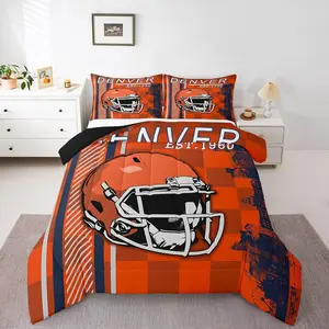 Boys Football Comforter Set,Rugby Ball Sports Game Down Comforter,Football Fan Helmet Bedding Sets,Yellow Orange (Denver) Plaid Pattern Blanket Reversible Blanket
