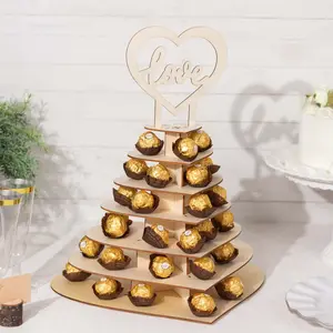 7-Tier Wooden Chocolate Display Stand 16" Heart Shape Natural with "Love" Topper - DIY Dessert Table Tower Rack