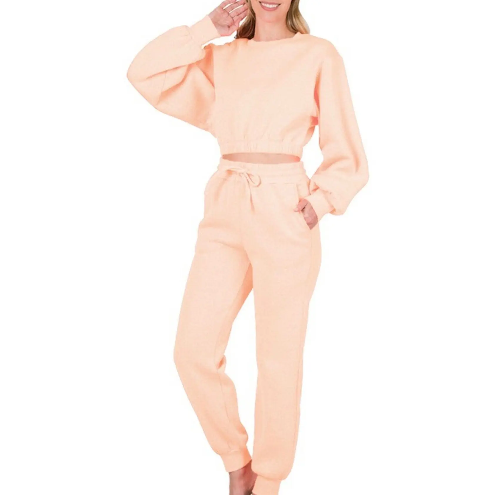 Lt Peach Cropped Jogger Set comfort  sweat  set sweatsuit  set  outfit sweat  set tracksuit set