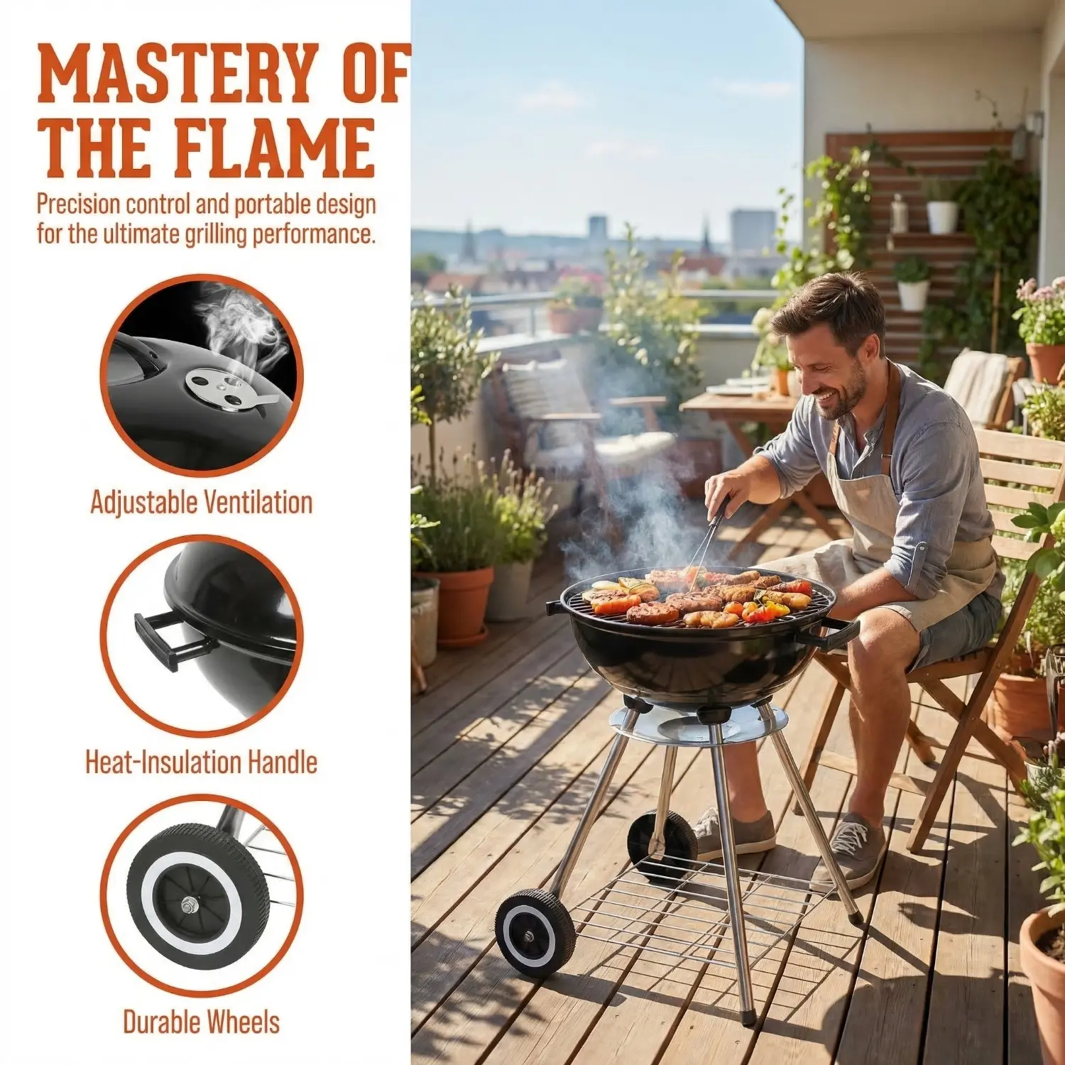 Portable Wheeled Charcoal Grill 27in for Patios, Picnics and Backyards