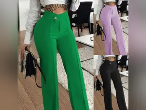 Slim Straight-leg Pants With Buckle Fashion Solid Color Trousers For Womens Clothing