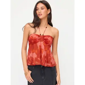 Cider Chiffon Floral Graphic Halter Neckline Ruched Blouse