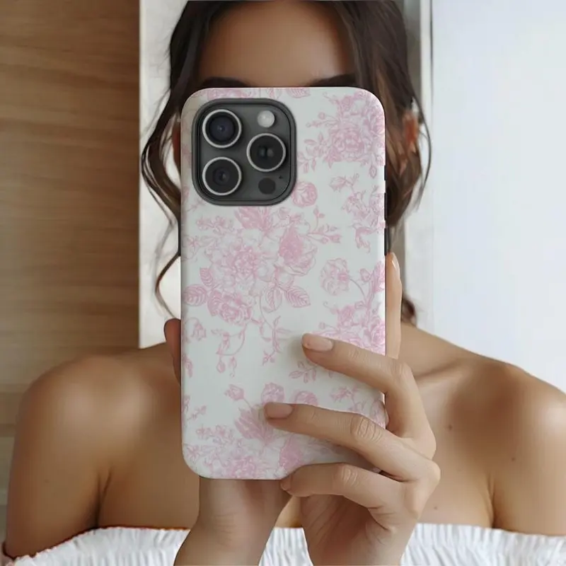 Polycarbonate Pink Durable Shockproof Smartphone Cover - French Floral Casing, Camera Protection Accessory Compatible with iPhone 11,12,13,14,15,16,17 Pro,Max,Air,Plus