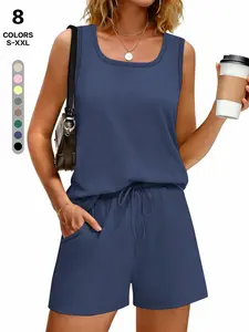 2026 Women's 2 Piece, Sleeveless Tank Top and Drawstring Shorts, Casual Loungewear Set with Pockets, Summer Fashion
