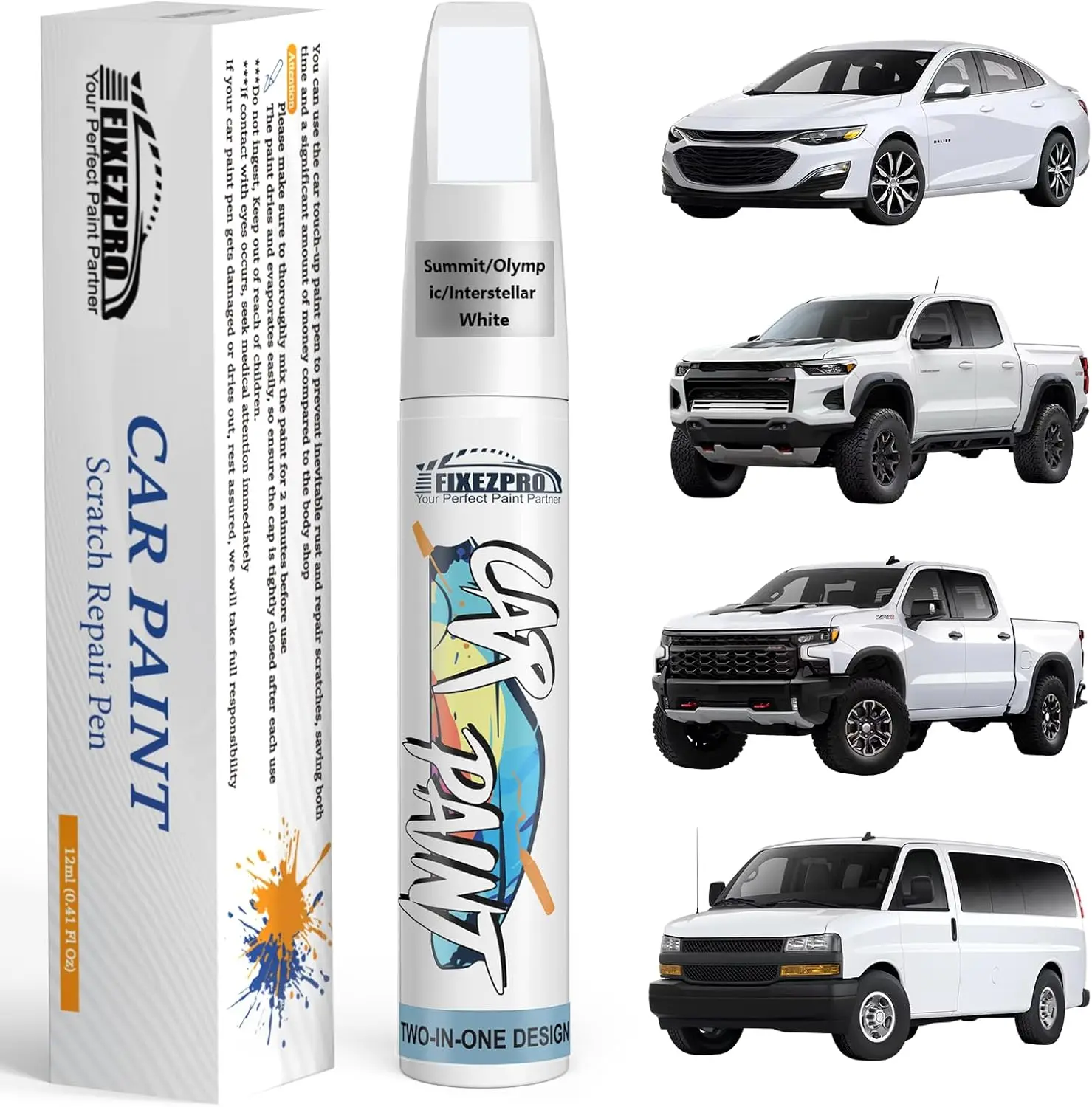 Summit/Olympic/Interstellar White(GAZ/WA8624/50U/50) Touch Up Paint for Chevrolet, Car Paint Scratch Repair Remover Pen Color Exact Match, Easy Fix Chips and Nicks Scuff
