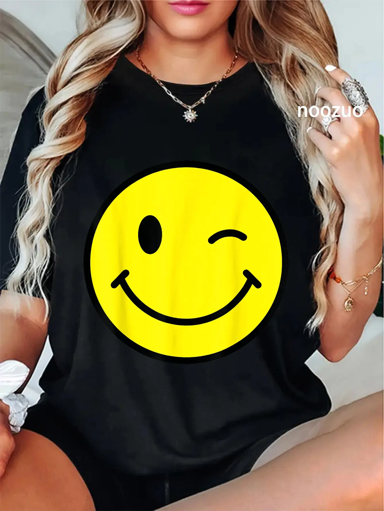 Women's Yellow 100% Cotton Short-Sleeve T-Shirt - 70s Vintage Winking Smiley Face Graphic, Round Neck, Everyday, Holiday, Street Style, Wide Range of Sizes Casual Top
