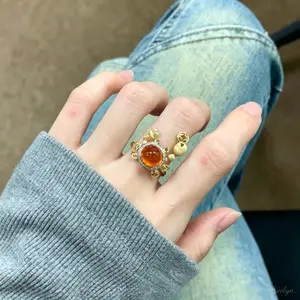 Two Tone Gold Crab Open Ring, Orange Cabochon CZ Statement Ring, Adjustable Coin Detail Animal Finger Ring, Unique Daily Stackable Jewelry for Women