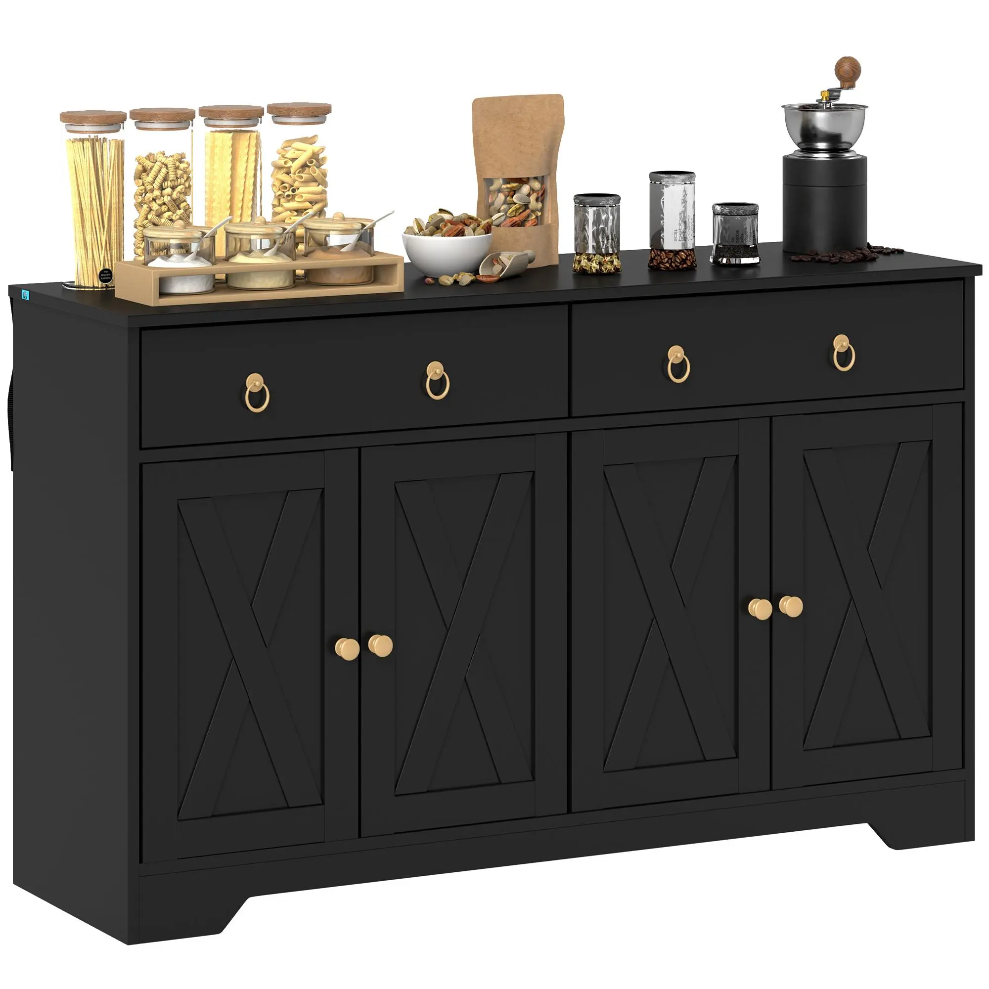 HOMCOM Sideboard Buffet Cabinet with Storage, 48" Kitchen Storage Cabinet with 2 Drawers and 4 Barn Doors, Farmhouse Coffee Bar Cabinet with Adjustable Shelves, White