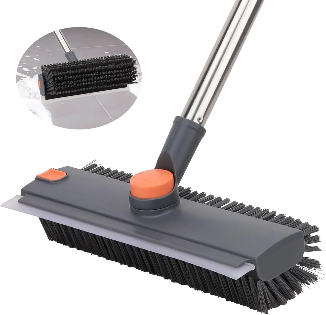 3-in-1 Long Handle Scrub Brush with Rubber-Steel Scraper & Squeegee, Heavy-Duty Stiff Bristle Tool for Kitchen, ABS, Wet/Dry Floors/Walls, Daily Home Care, Ideal Household Tool, Stainless Steel, Christmas