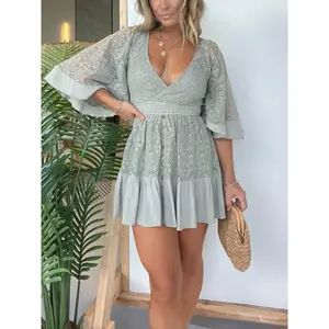 2025 Summer European and American New Women's Clothes Lace Stitching Batwing Sleeve Dress Gifts  Gifts