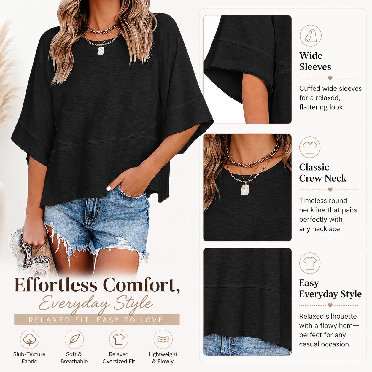 Women’s Summer Casual Crewneck Batwing Half Sleeve Top, Solid Color Loose Fit Flowy Basic T-Shirt Blouse for Everyday Wear