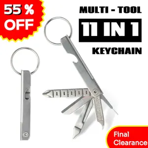 【Gift for Man】MOKUA Gear Keychain15-in-1 EDC Multi Tool with Box Opener, SIM Card Ejector, Nail Cleaner, Screwdriver, Can Opener, Measuring Tool, Blue collar, Survival and Camping Gear, Portable with Keyhole, Mini, Stainless Steel