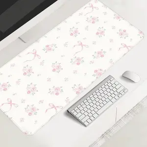 Floral Pink Ribbon Botanical Large-sized Gaming Mouse Pad, Desktop Accessory, Desktop Protection Pad Anti-slip Rubber Lock Edge High-definition Printing Suitable for Computers, Laptops, Offices, Homes, Schools, as a Gift for Family and Friends