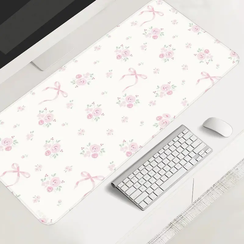 Floral Pink Ribbon Botanical Large-sized Gaming Mouse Pad, Cute Desk Mat, Desktop Accessory, Desktop Protection Pad Anti-slip Rubber Lock Edge High-definition Printing Suitable for Computers, Laptops, Offices, as a Gift for Family and Friends