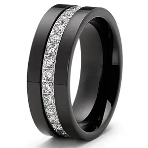 Get That Bling! Black Tungsten Eternity Wedding Ring Scratch Resistant Comfort Fit Men's Iced Out Band with 34 Cubic Zirconia Stones