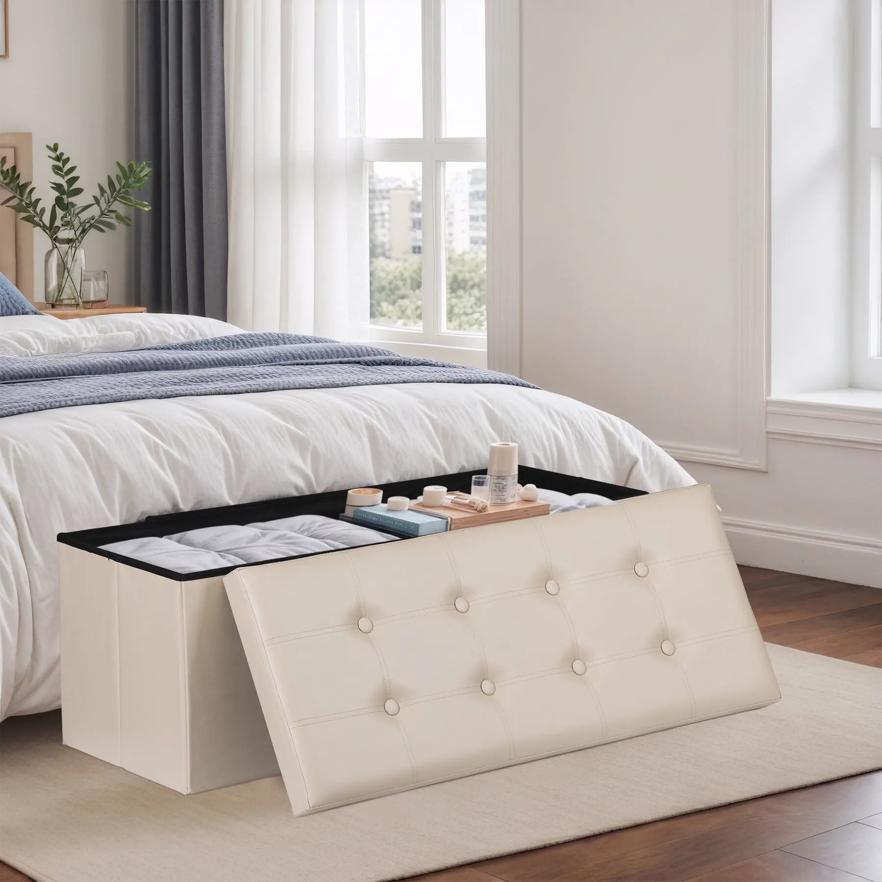 Segawe 43-Inch Foldable Storage Ottoman Chest, Beige Indoor Furniture Stool, for Living Room & Small Room Organization, Living Room Use,summerwins