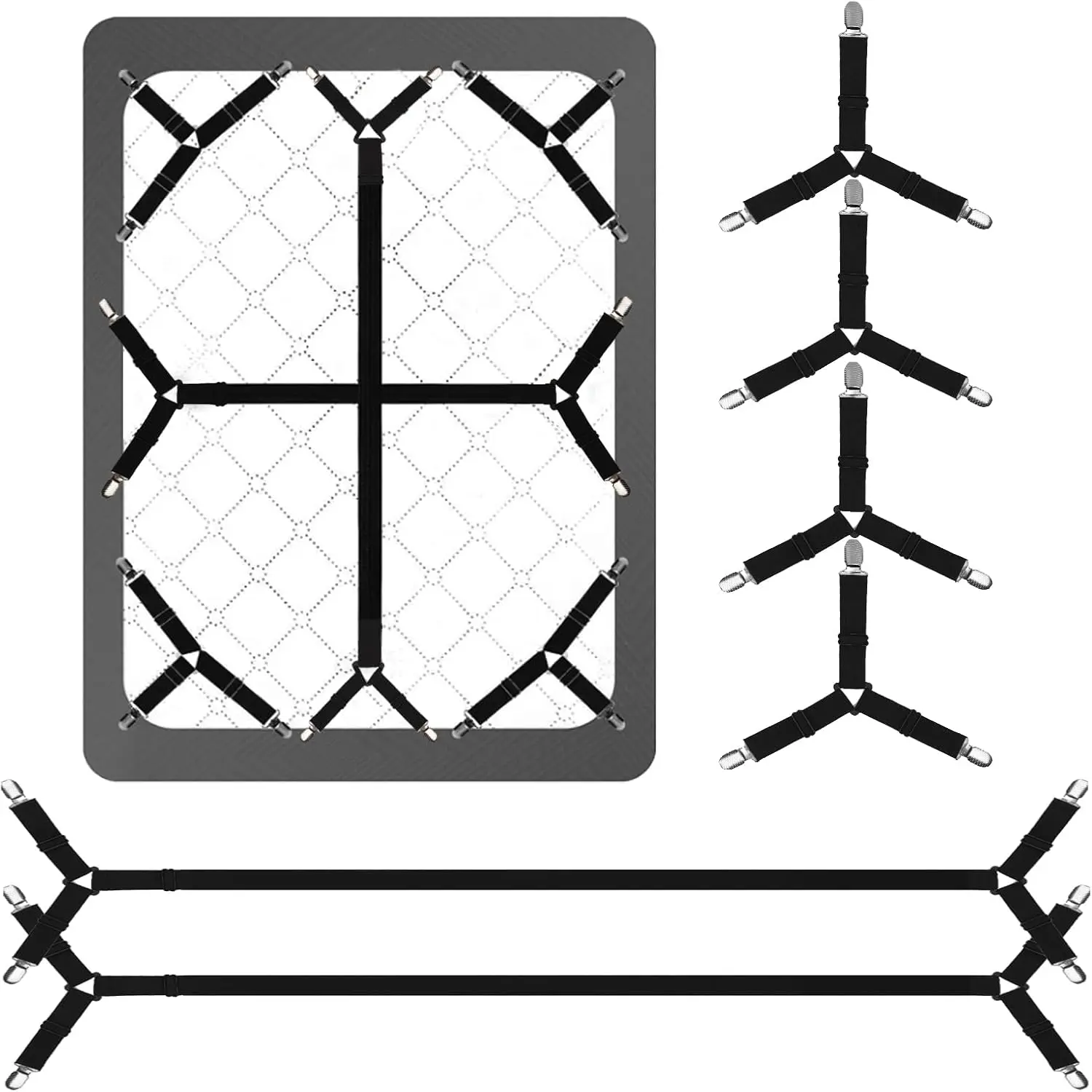 Bed Sheet Straps, 6 Pack, Adjustable Elastic Fitted Sheet Holders | Secure Fitted Sheet Straps for Twin to King Size Beds, Non-Slip Bed Sheet Clips, Keep in Place, Easy to Install, Black