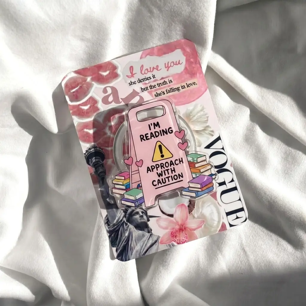 Aesthetic Bookish Phone Grip - Funny Introvert Reader Caution Sign Acrylic Phone Holder - Pink Coquette Lip Collage Phone Stand - Cute Book Club Gift for Her