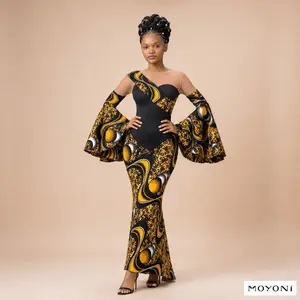 Black top bodice and ankara mermaide skirt  One-Shoulder Bell-Sleeve black bodice and mermaide skirt in African Print