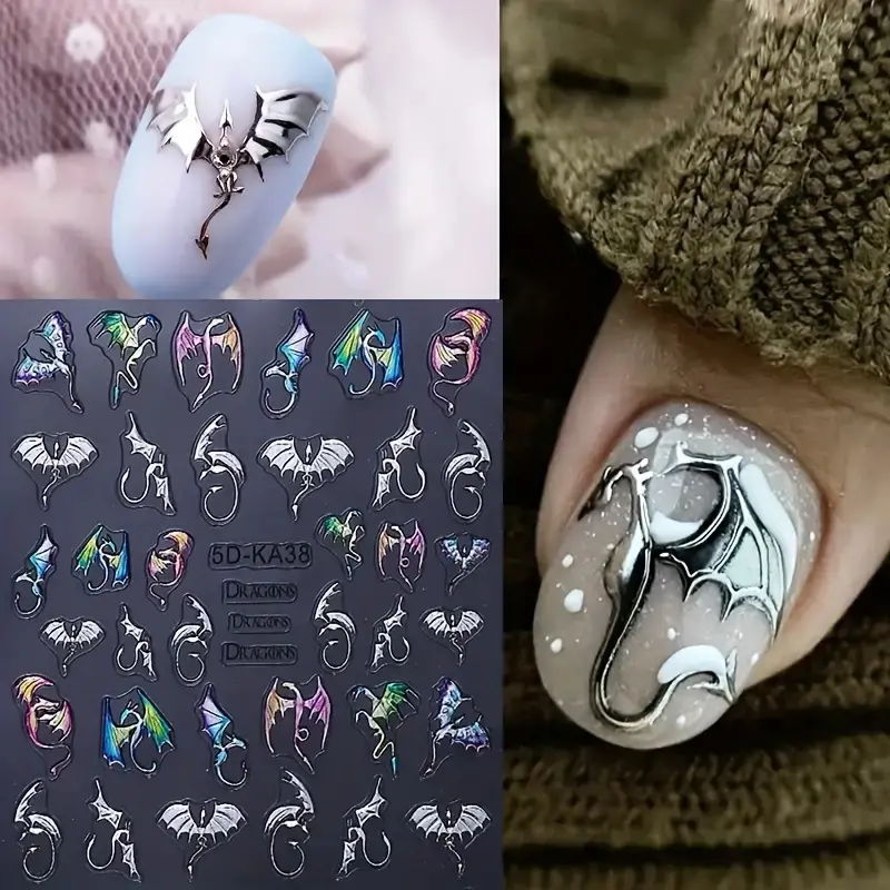 2 Pcs Silver Color Bat Dragon Nail Art Stickers, Self-Adhesive DIY Manicure Decorations, Sweet Cool Festive Style, Festival Nails, Perfect for Halloween Theme, Nail Designs, Unique Motifs, Nail Motifs, Nail Art Supplies