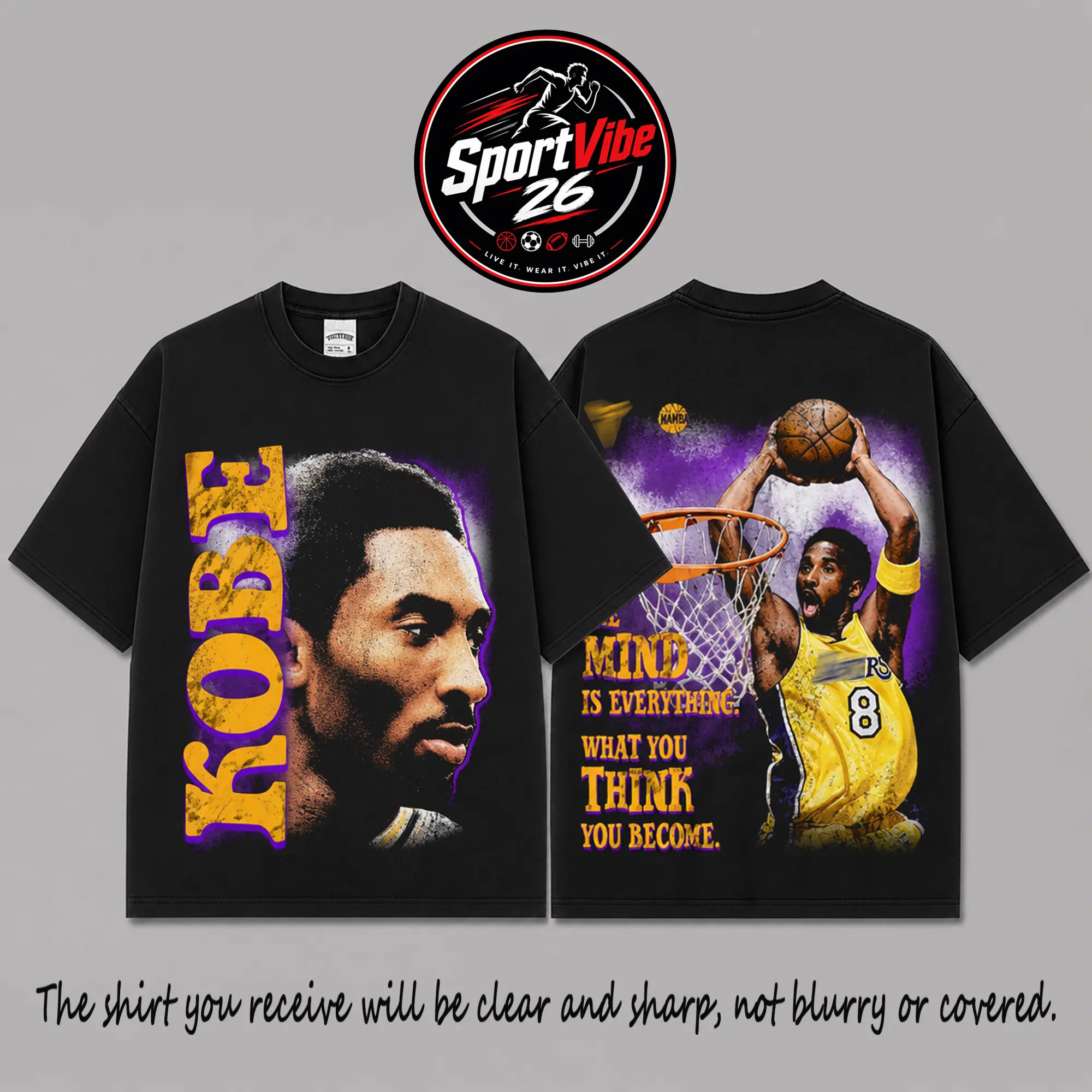 Kobe Bryant #8 “Mamba Mentality” Premium 100% Cotton T-Shirt, Los Angeles Basketball Legend Inspirational Dunk Tribute Tee, Purple Gold Vintage Streetwear, Gift for Kobe Fans